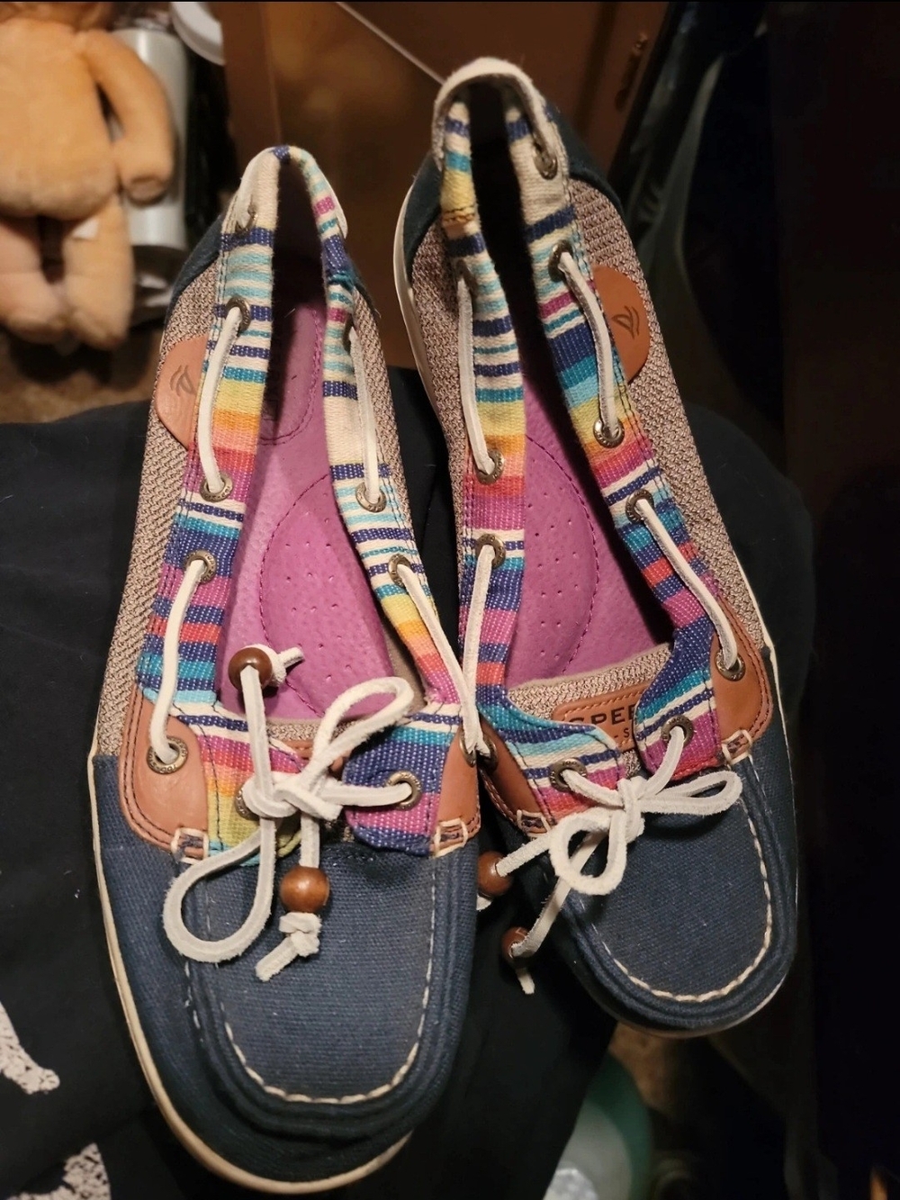 Sperry Navy Canvas Boat Shoes with Multicolor Stripe Trim